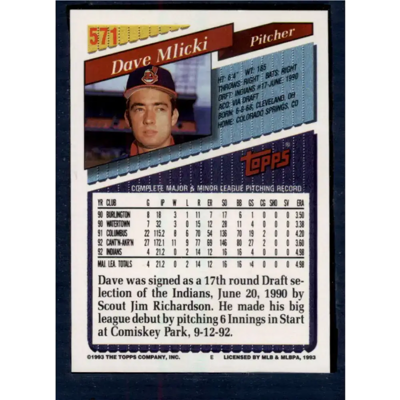 1993 Topps #571 Dave Mlicki NM-MT Cleveland Indians Baseball Card - Baseball Card Single