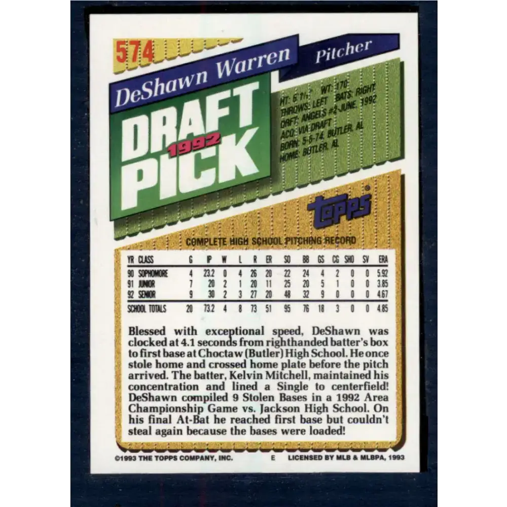 1993 Topps #574 DeShawn Warren NM-MT RC Rookie California Angels Baseball Card - Baseball Card Single