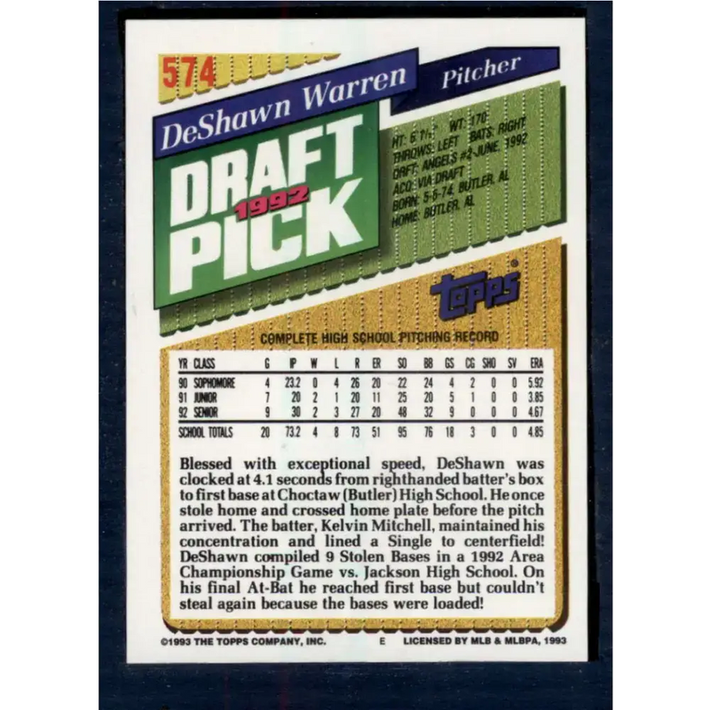 1993 Topps #574 DeShawn Warren NM-MT RC Rookie California Angels Baseball Card - Baseball Card Single