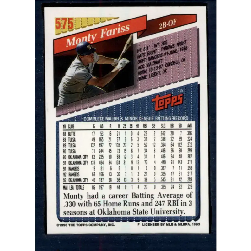 1993 Topps #575 Monty Fariss NM-MT Texas Rangers Baseball Card - Baseball Card Single