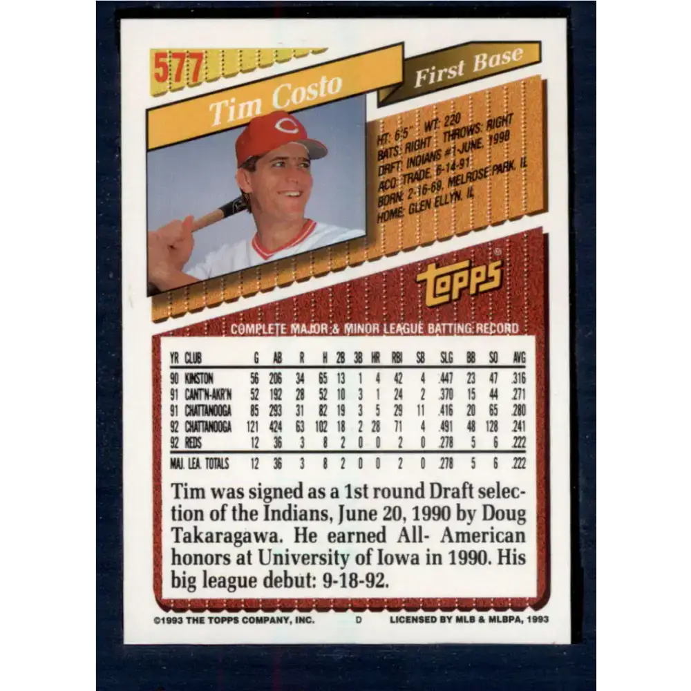 1993 Topps #577 Tim Costo NM-MT Cincinnati Reds Baseball Card - Baseball Card Single