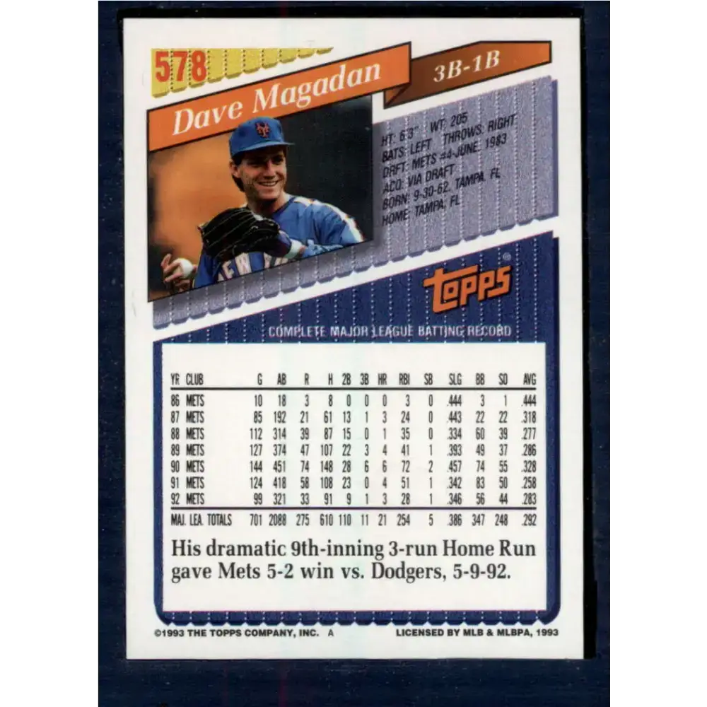 1993 Topps #578 Dave Magadan NM-MT New York Mets Baseball Card