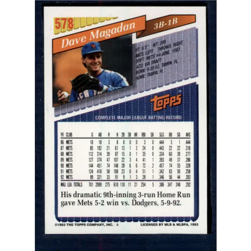1993 Topps #578 Dave Magadan NM-MT New York Mets Baseball Card