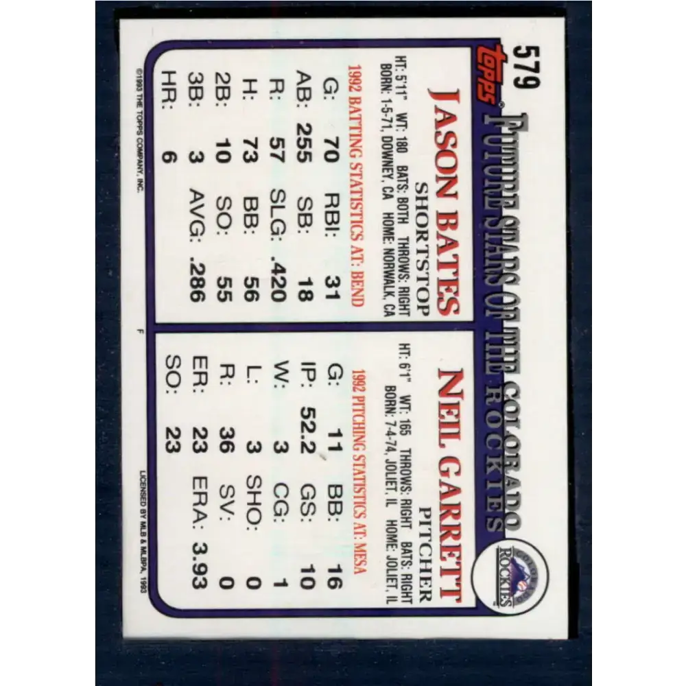1993 Topps #579 Neil Garret/Jason Bates NM-MT RC Rookie Colorado Rockies Baseball Card - Baseball Card Single