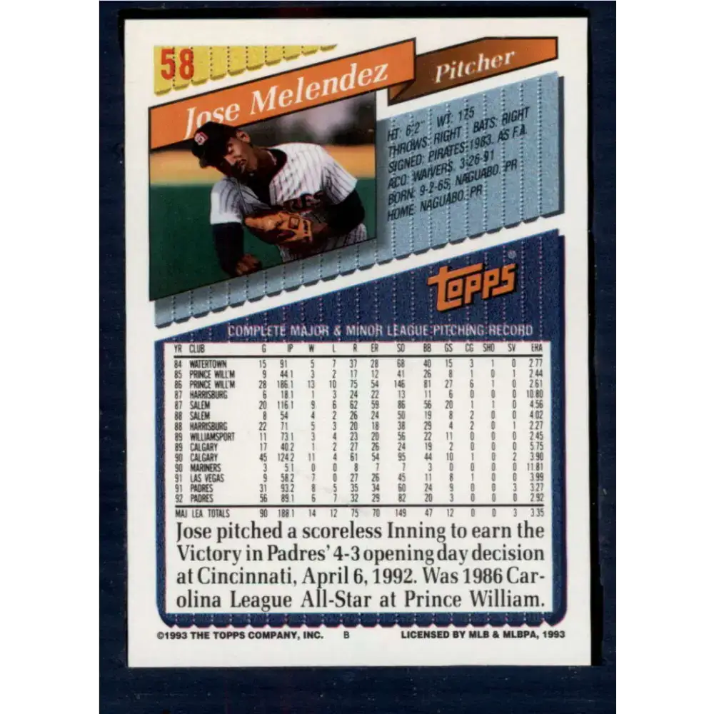 1993 Topps #58 Jose Melendez NM-MT San Diego Padres Baseball Card - Baseball Card Single