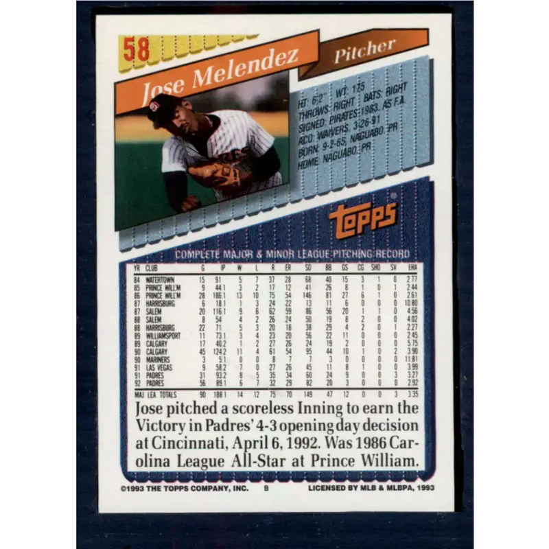 1993 Topps #58 Jose Melendez NM-MT San Diego Padres Baseball Card - Baseball Card Single