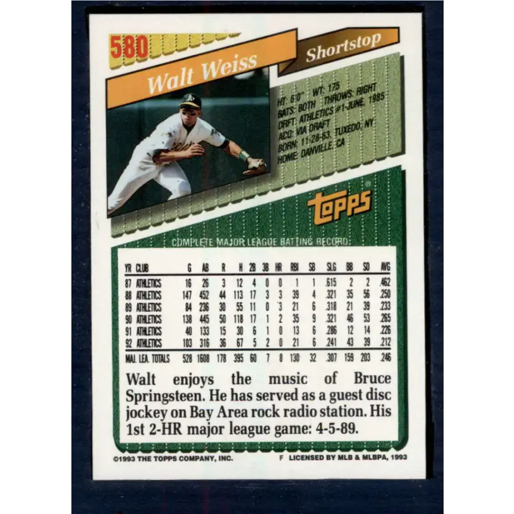 1993 Topps #580 Walt Weiss NM-MT Oakland Athletics Baseball Card - Baseball Card Single