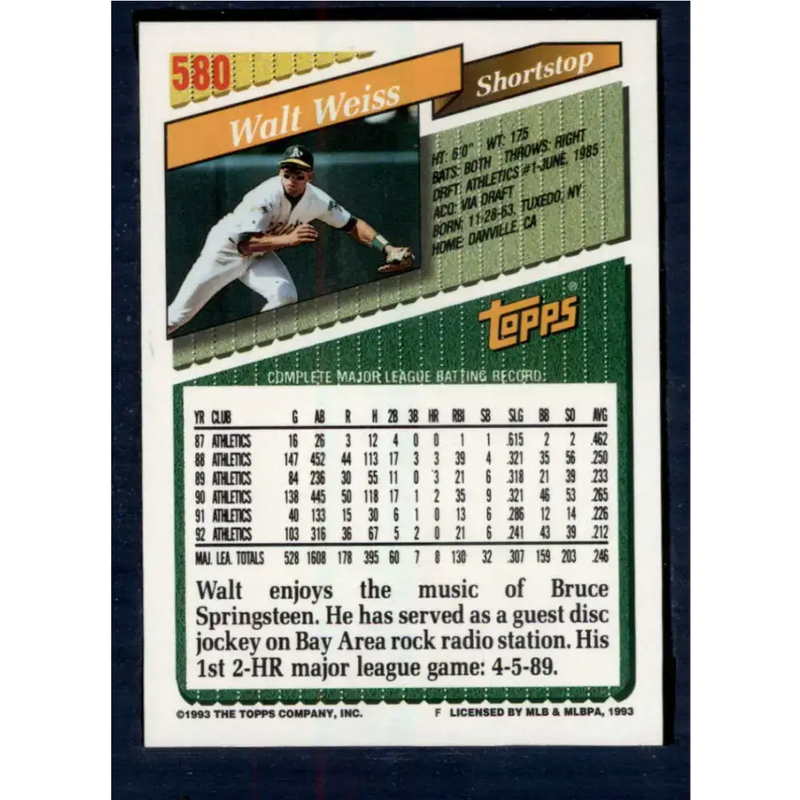 1993 Topps #580 Walt Weiss NM-MT Oakland Athletics Baseball Card - Baseball Card Single