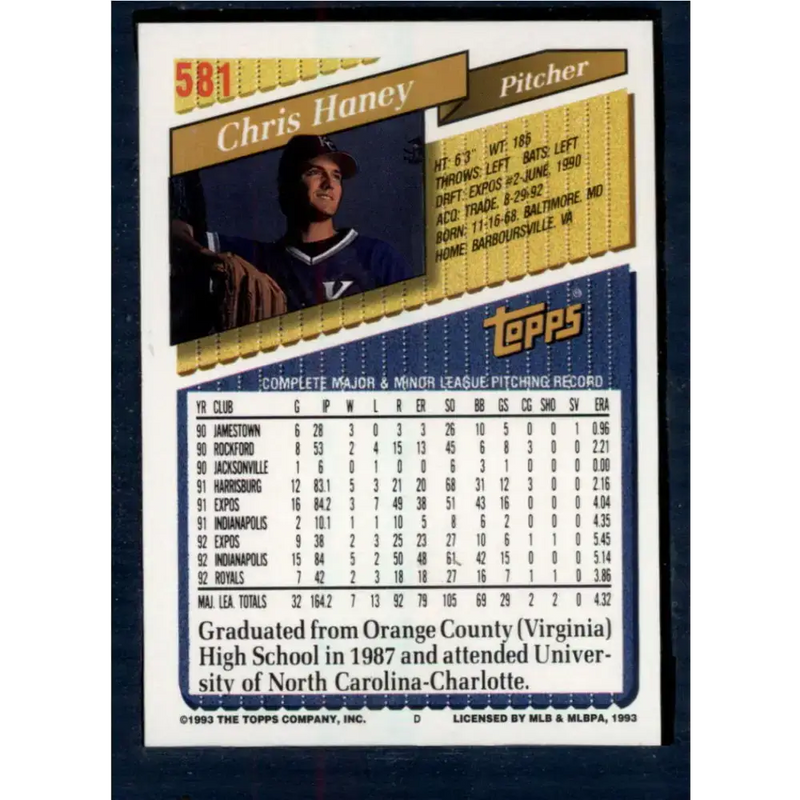 1993 Topps #581 Chris Haney NM-MT Kansas City Royals Baseball Card - Baseball Card Single