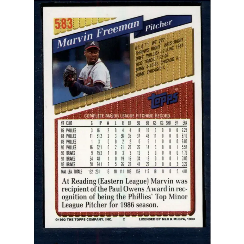 1993 Topps #583 Marvin Freeman NM-MT Atlanta Braves Baseball Card