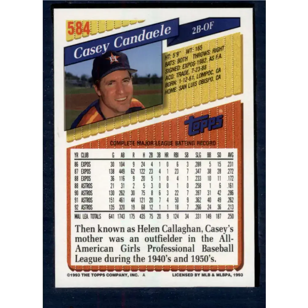 1993 Topps #584 Casey Candaele NM-MT Houston Astros Baseball Card - Baseball Card Single