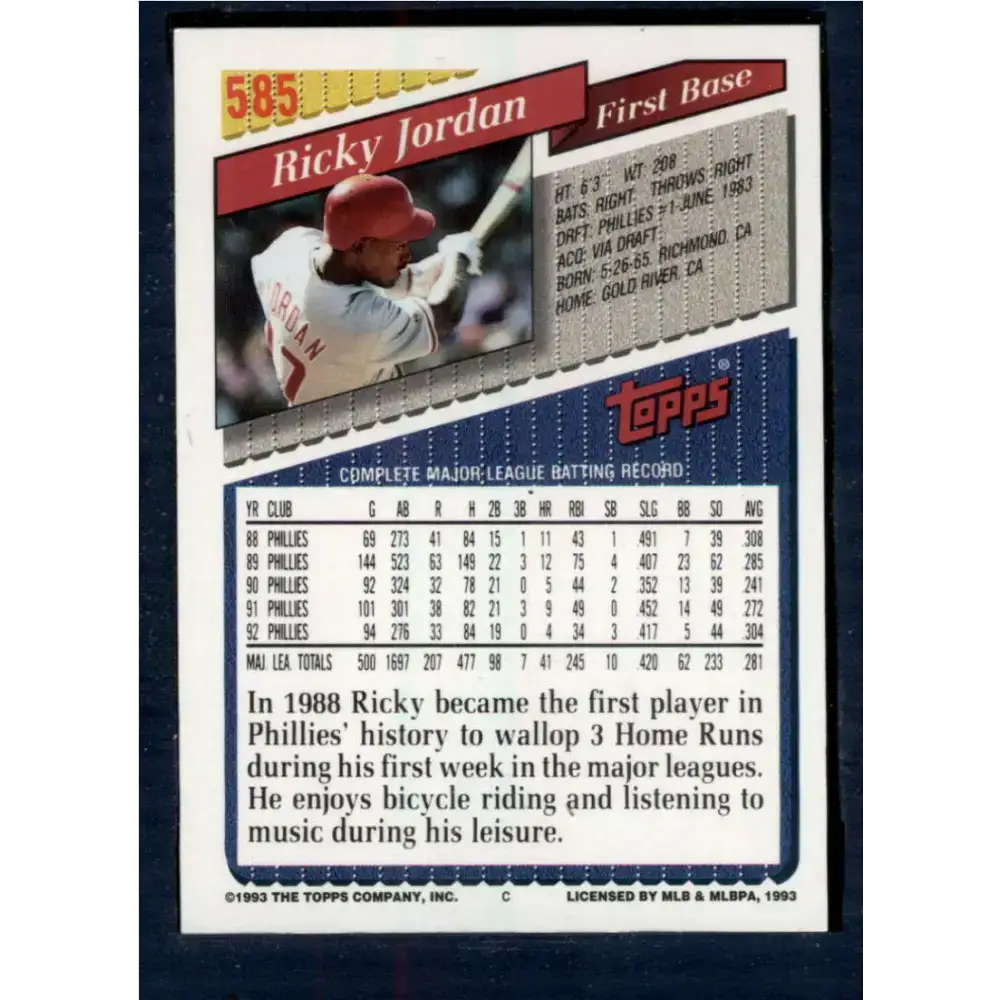1993 Topps #585 Ricky Jordan NM-MT Philadelphia Phillies Baseball Card - Baseball Card Single