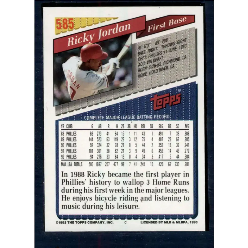 1993 Topps #585 Ricky Jordan NM-MT Philadelphia Phillies Baseball Card - Baseball Card Single