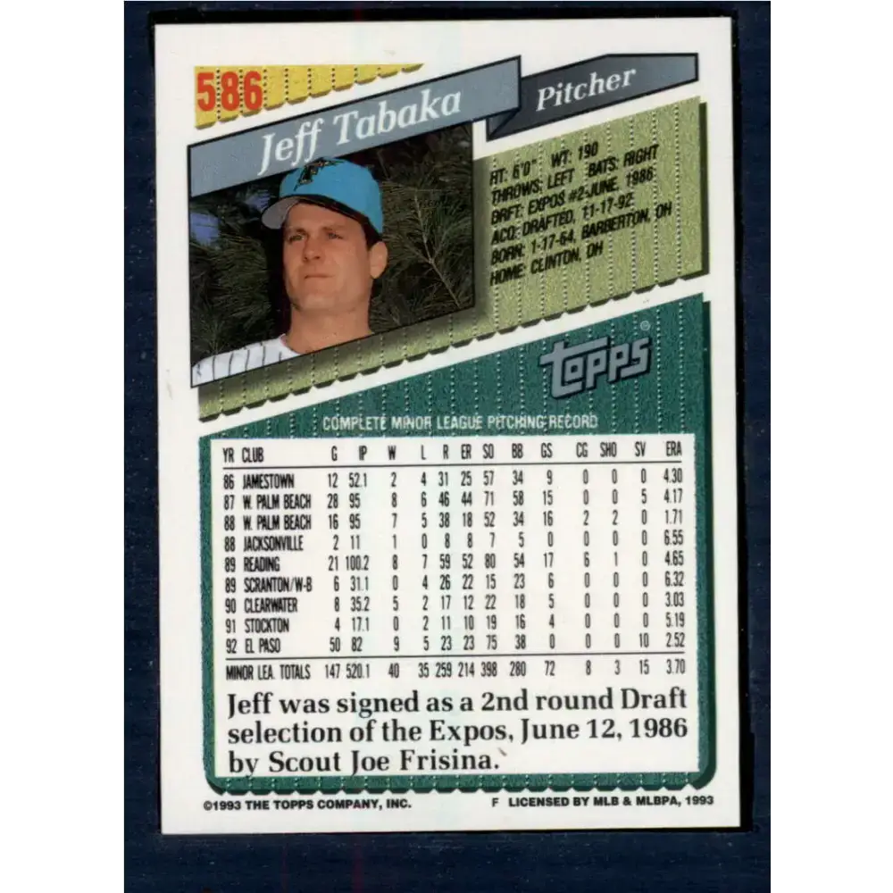 1993 Topps #586 Jeff Tabaka NM-MT RC Rookie Florida Marlins Baseball Card - Baseball Card Single