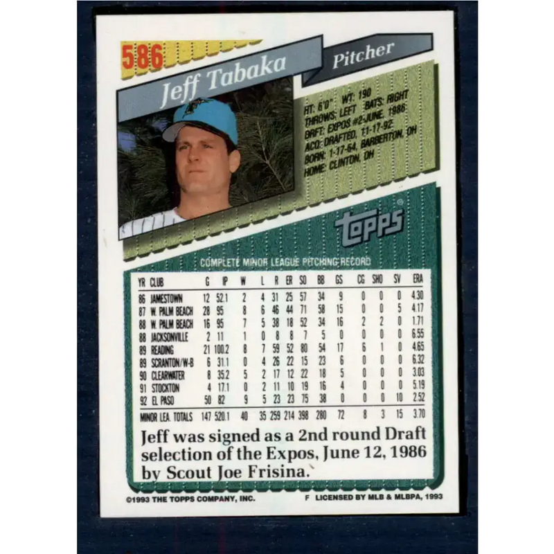 1993 Topps #586 Jeff Tabaka NM-MT RC Rookie Florida Marlins Baseball Card - Baseball Card Single