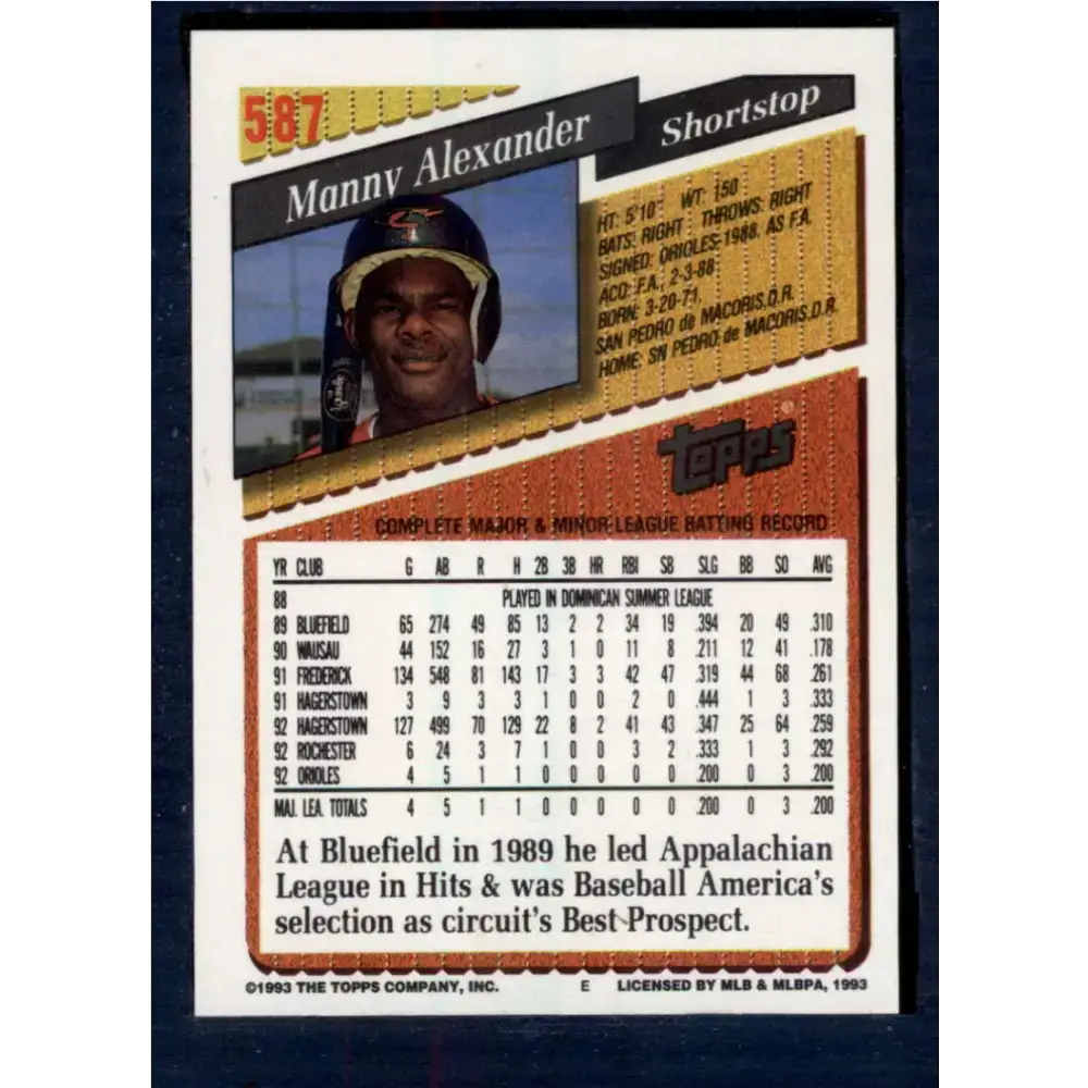 1993 Topps #587 Manny Alexander NM-MT Baltimore Orioles Baseball Card - Baseball Card Single