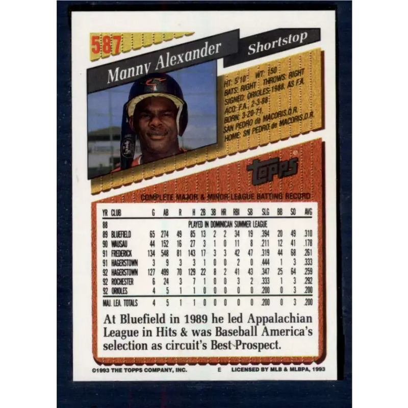 1993 Topps #587 Manny Alexander NM-MT Baltimore Orioles Baseball Card - Baseball Card Single