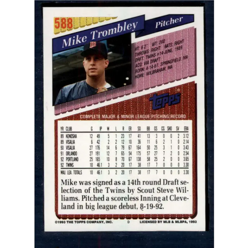 1993 Topps #588 Mike Trombley NM-MT Minnesota Twins Baseball Card