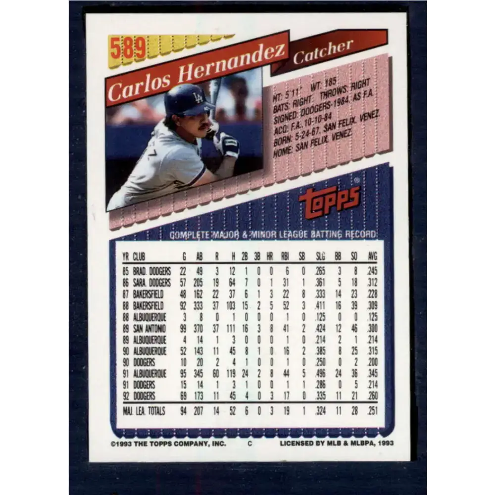 1993 Topps #589 Carlos Hernandez NM-MT Los Angeles Dodgers Baseball Card - Baseball Card Single