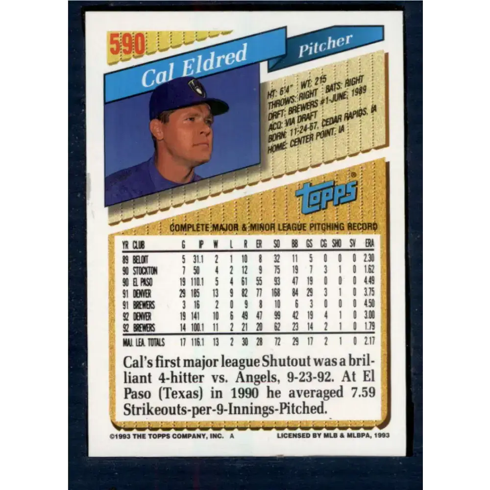 1993 Topps #590 Cal Eldred NM-MT Milwaukee Brewers Baseball Card - Baseball Card Single