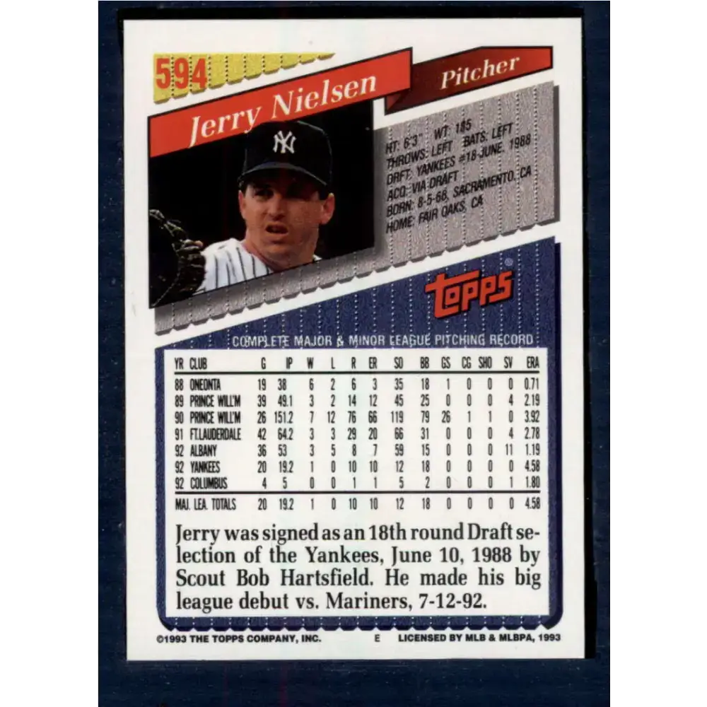1993 Topps #594 Jerry Nielsen NM-MT New York Yankees Baseball Card - Baseball Card Single