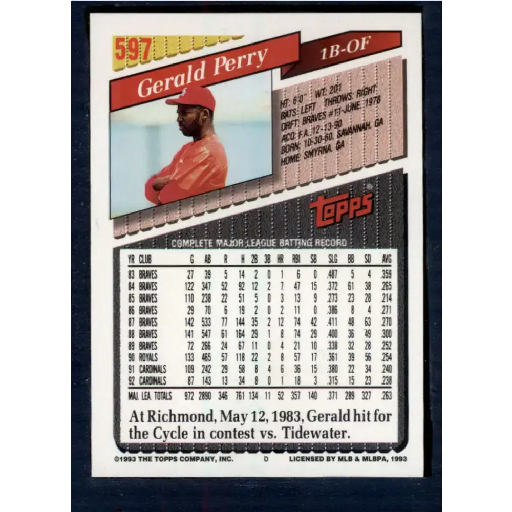 1993 Topps #597 Gerald Perry NM-MT St. Louis Cardinals Baseball Card - Baseball Card Single