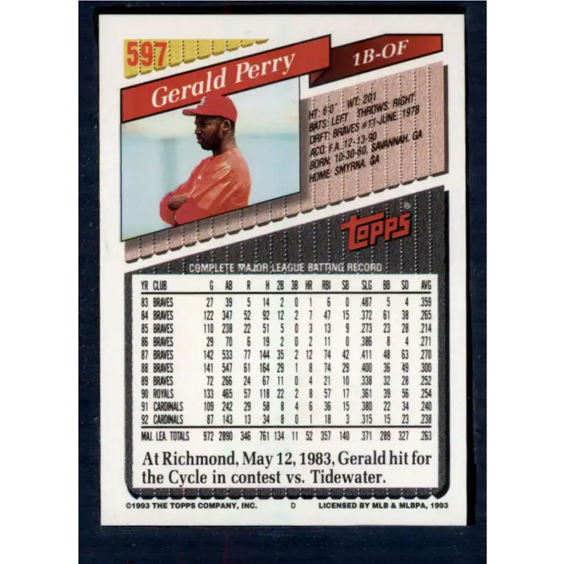1993 Topps #597 Gerald Perry NM-MT St. Louis Cardinals Baseball Card - Baseball Card Single
