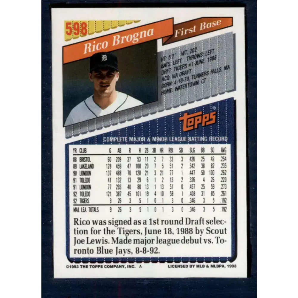 1993 Topps #598 Rico Brogna NM-MT Detroit Tigers Baseball Card - Baseball Card Single