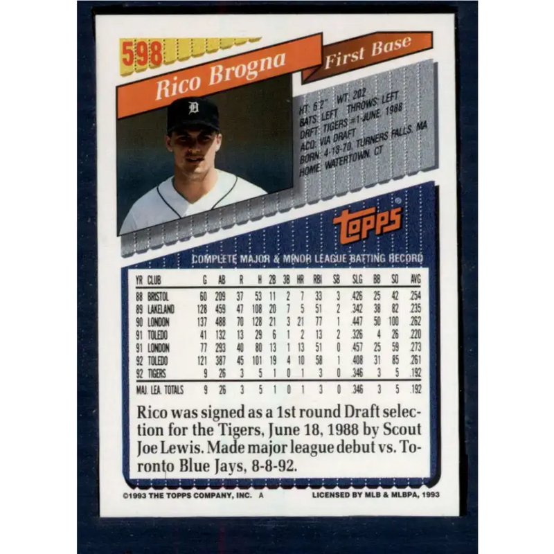 1993 Topps #598 Rico Brogna NM-MT Detroit Tigers Baseball Card - Baseball Card Single