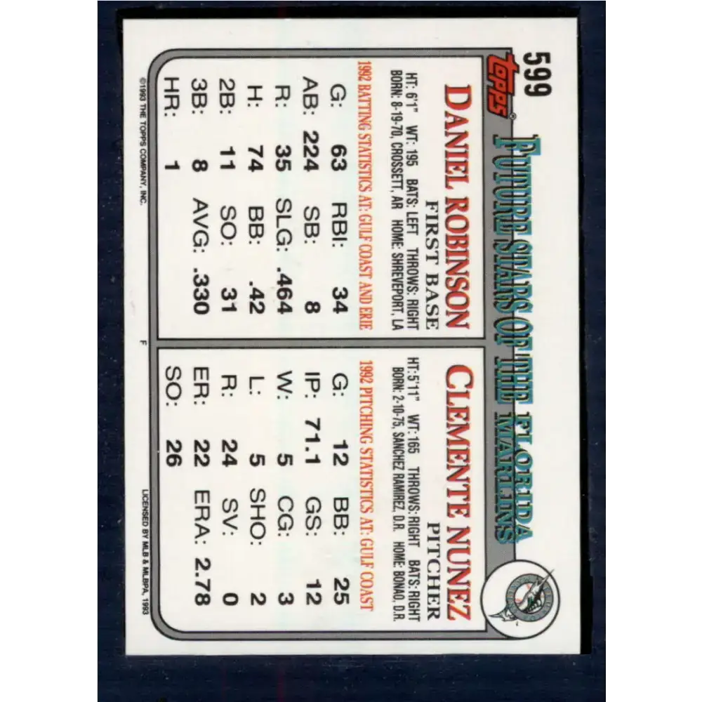 1993 Topps #599 Clemente Nunez/Daniel Robinson NM-MT RC Rookie Florida Marlins Baseball Card - Baseball Card Single