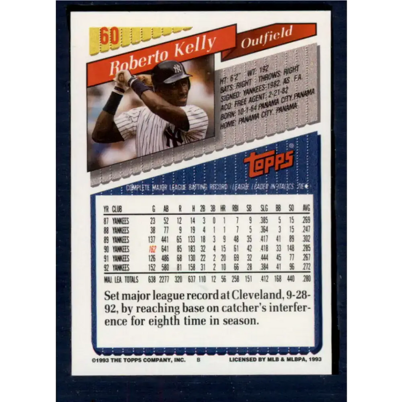 1993 Topps #60 Roberto Kelly NM-MT New York Yankees Baseball Card - Baseball Card Single
