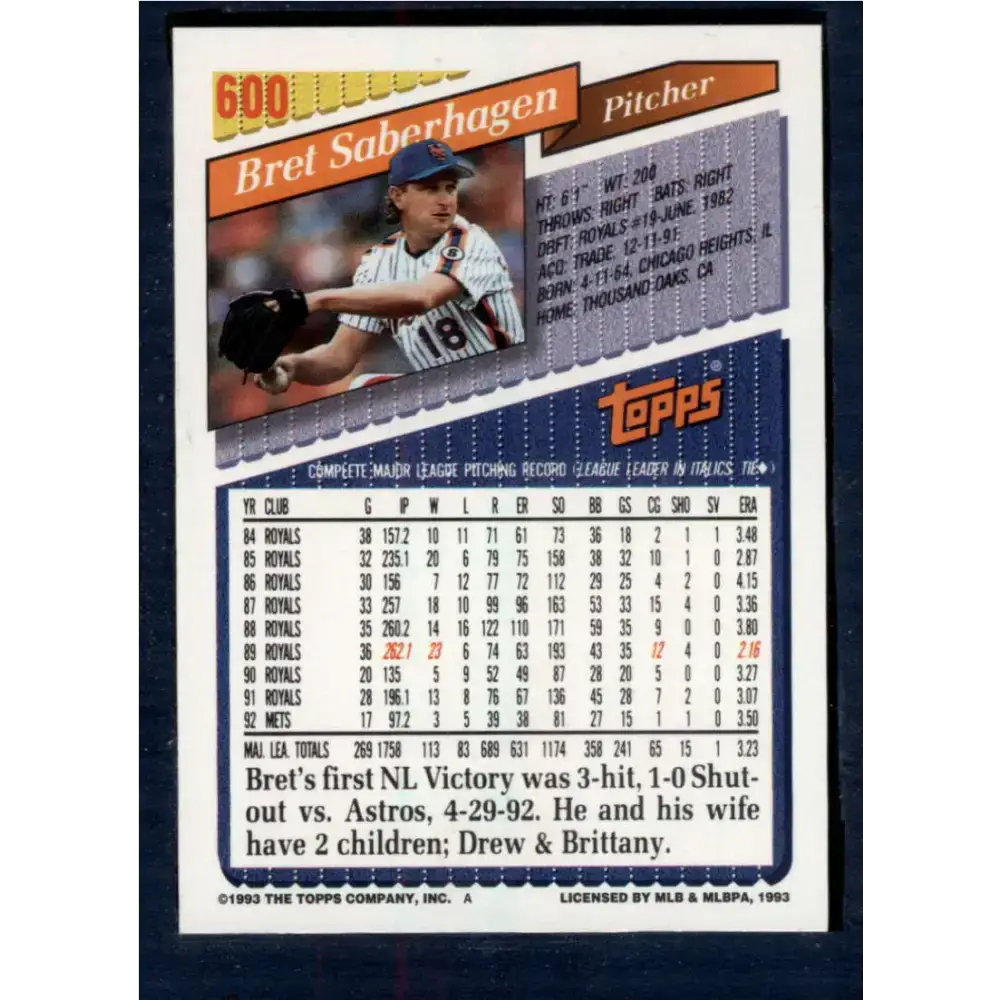 1993 Topps #600 Bret Saberhagen NM-MT New York Mets Baseball Card - Baseball Card Single