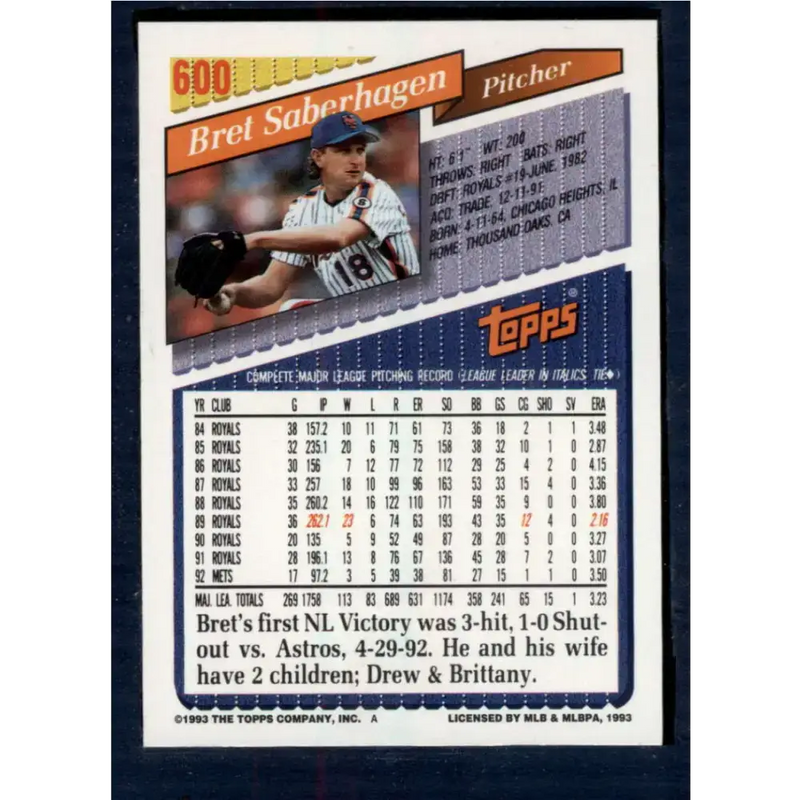 1993 Topps #600 Bret Saberhagen NM-MT New York Mets Baseball Card - Baseball Card Single