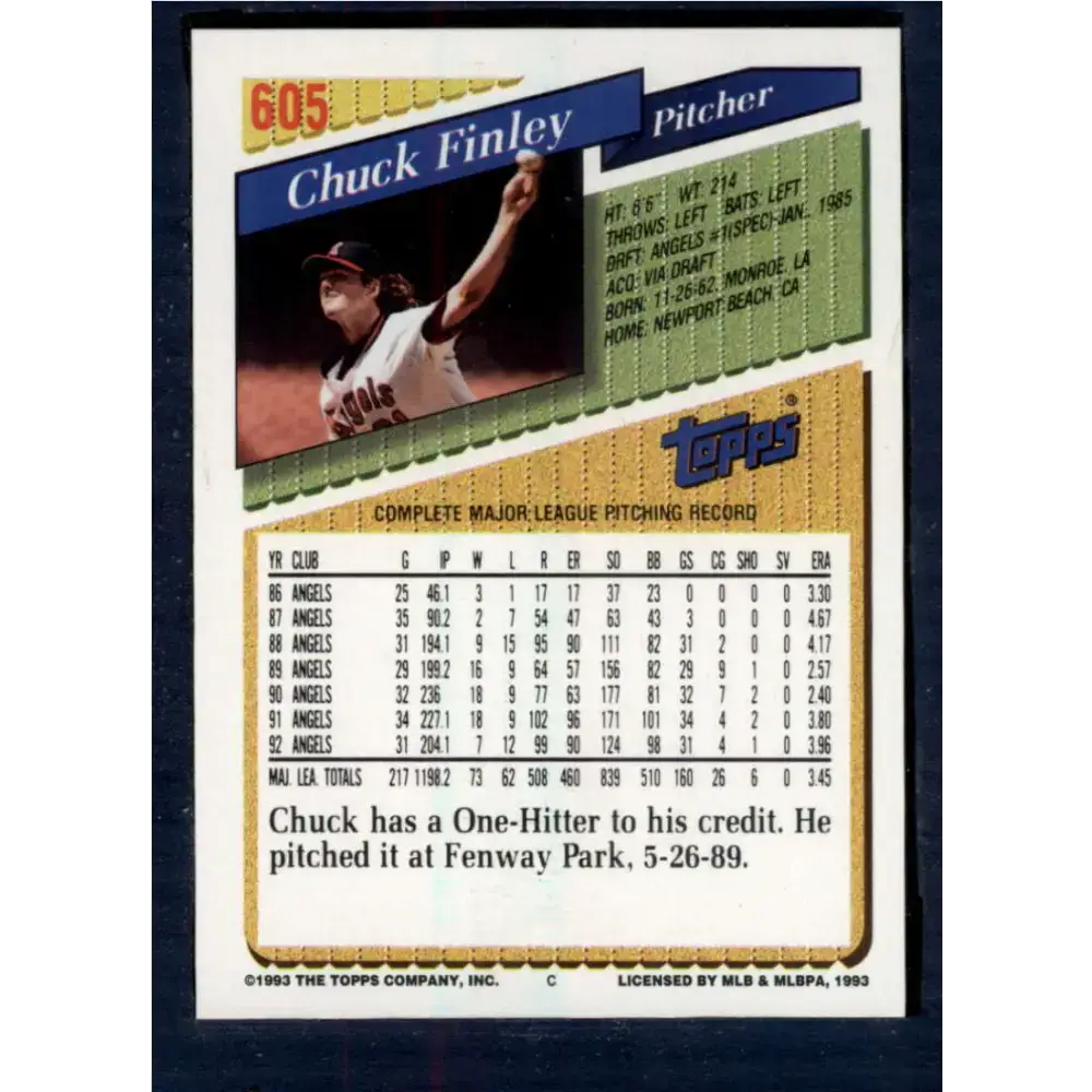 1993 Topps #605 Chuck Finley NM-MT California Angels Baseball Card - Baseball Card Single