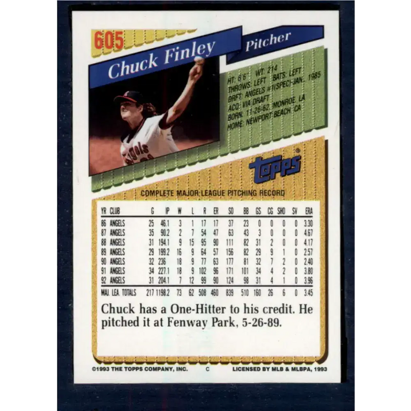 1993 Topps #605 Chuck Finley NM-MT California Angels Baseball Card - Baseball Card Single