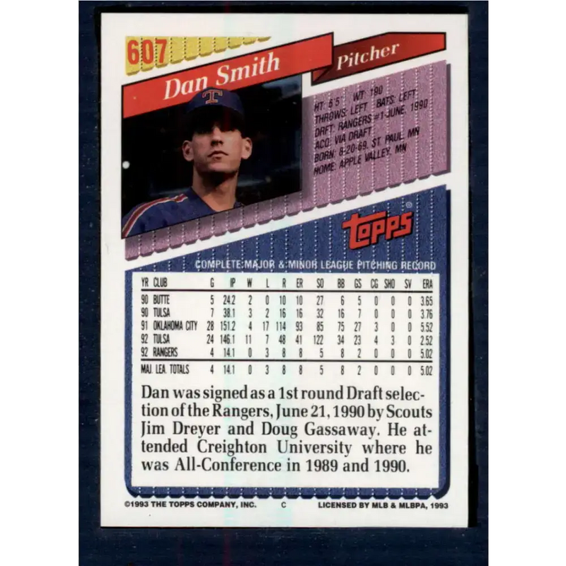 1993 Topps #607 Dan Smith NM-MT Texas Rangers Baseball Card - Baseball Card Single
