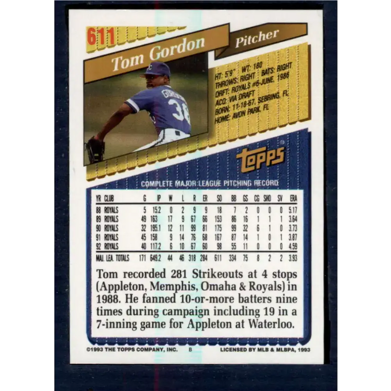 1993 Topps #611 Tom Gordon NM-MT Kansas City Royals Baseball Card - Baseball Card Single