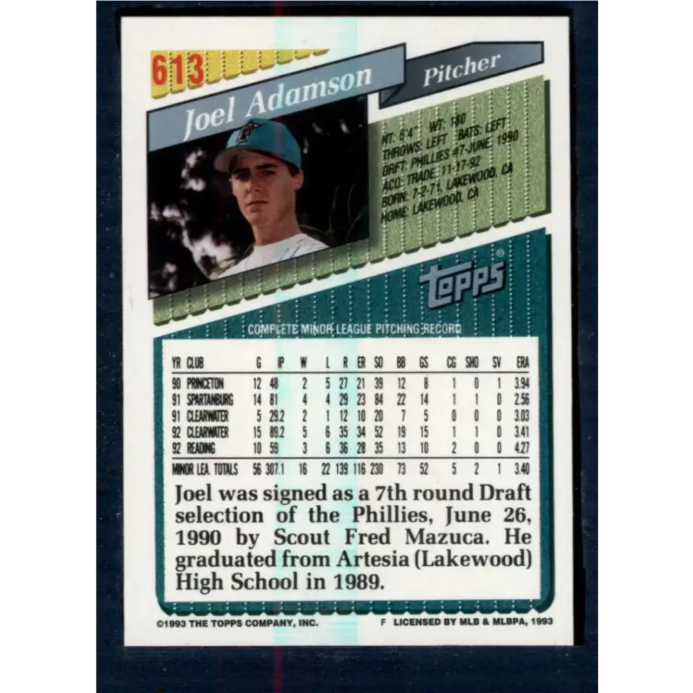 1993 Topps #613 Joel Adamson NM-MT RC Rookie Florida Marlins Baseball Card - Baseball Card Single