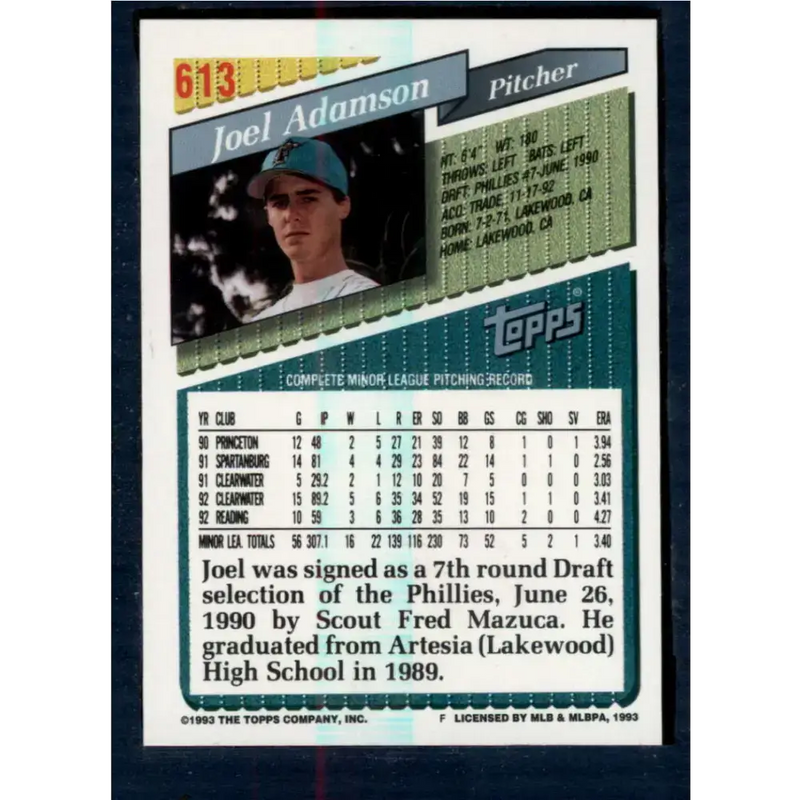 1993 Topps #613 Joel Adamson NM-MT RC Rookie Florida Marlins Baseball Card - Baseball Card Single