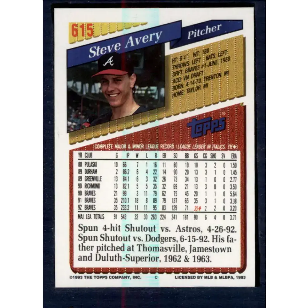 1993 Topps #615 Steve Avery NM-MT Atlanta Braves Baseball Card - Baseball Card Single