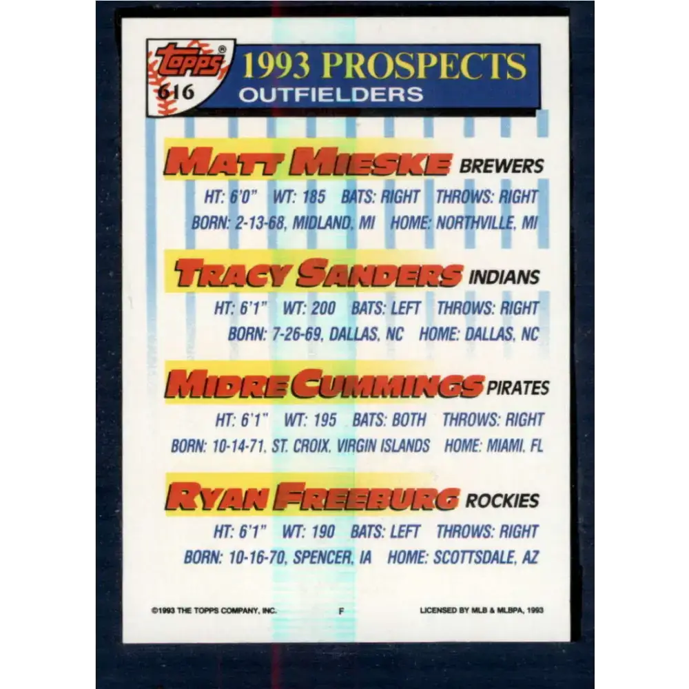 1993 Topps #616 Matt Mieske/Tracy Sanders/Midre Cummings/Ryan Freeburg NM-MT RC Rookie Milwaukee Brewers/Cleveland