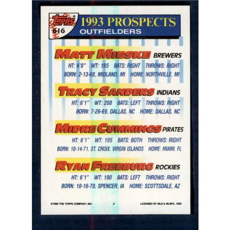 1993 Topps #616 Matt Mieske/Tracy Sanders/Midre Cummings/Ryan Freeburg NM-MT RC Rookie Milwaukee Brewers/Cleveland
