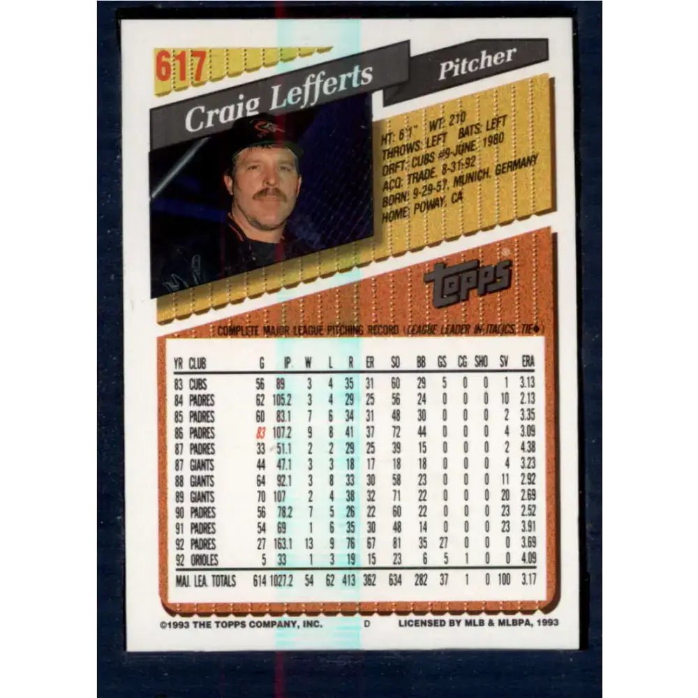 1993 Topps #617 Craig Lefferts NM-MT Baltimore Orioles Baseball Card - Baseball Card Single