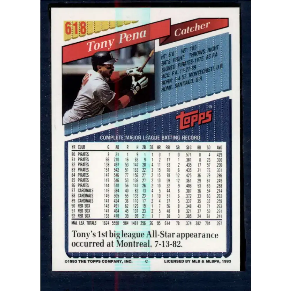 1993 Topps #618 Tony Pena NM-MT Boston Red Sox Baseball Card - Baseball Card Single