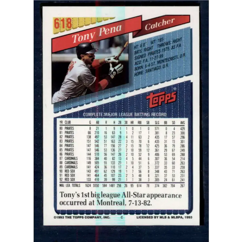 1993 Topps #618 Tony Pena NM-MT Boston Red Sox Baseball Card - Baseball Card Single