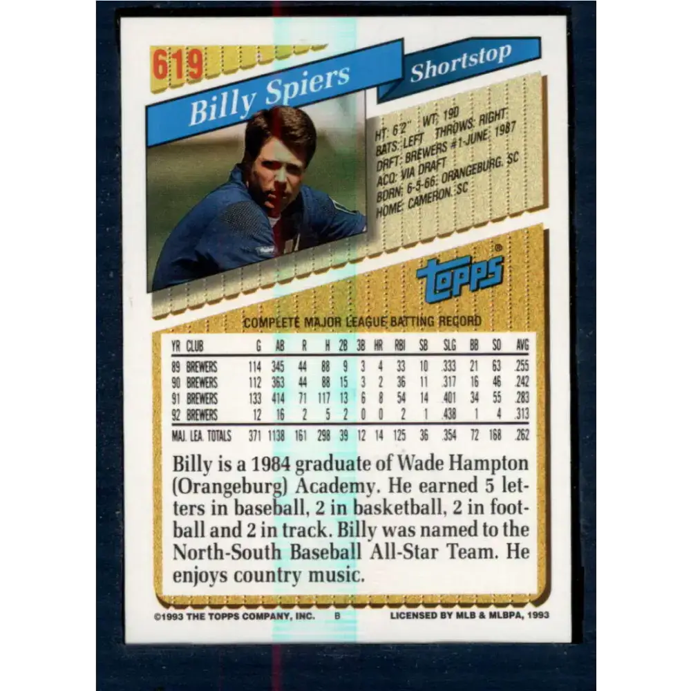 1993 Topps #619 Bill Spiers NM-MT Milwaukee Brewers Baseball Card - Baseball Card Single