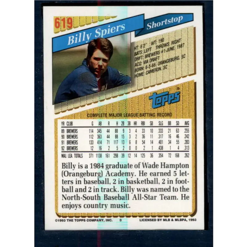 1993 Topps #619 Bill Spiers NM-MT Milwaukee Brewers Baseball Card - Baseball Card Single
