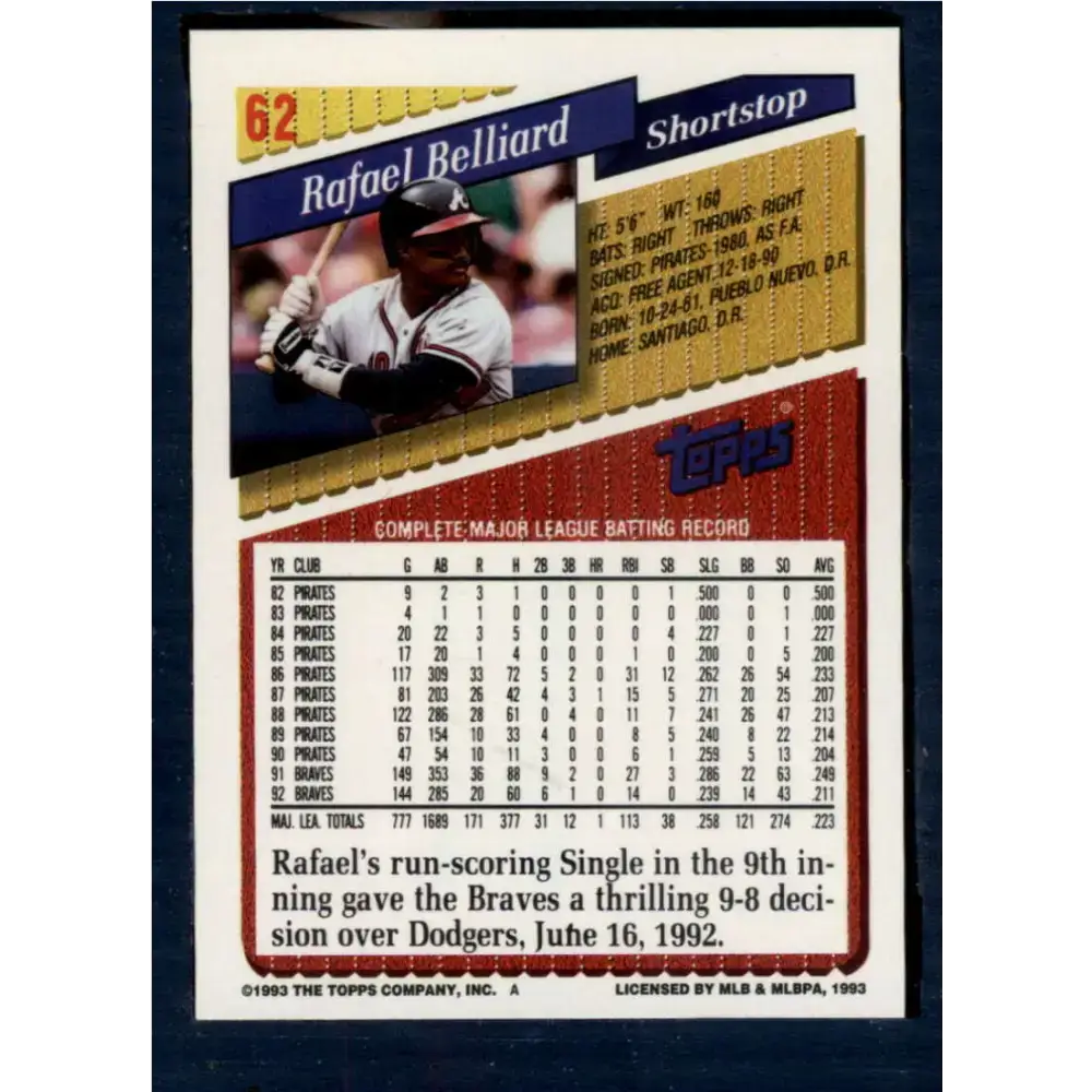 1993 Topps #62 Rafael Belliard NM-MT Atlanta Braves Baseball Card - Baseball Card Single