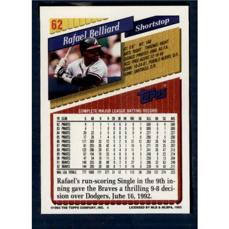 1993 Topps #62 Rafael Belliard NM-MT Atlanta Braves Baseball Card - Baseball Card Single