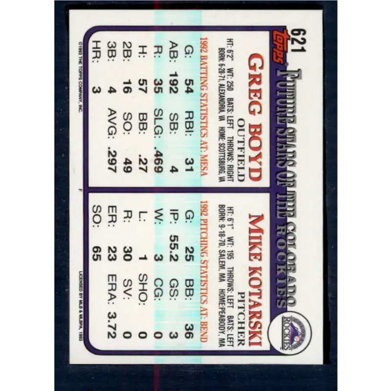 1993 Topps #621 Mike Kotarski/Greg Boyd NM-MT RC Rookie Colorado Rockies Baseball Card - Baseball Card Single